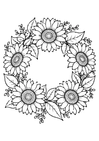 Een losse ronde krans van vijf grote zonnebloemhoofden met brede bladeren en kleine bebladerde takjes rond een leeg midden.