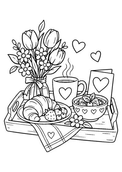 Breakfast tray with a steaming cup, croissant and berries, fruit bowl, flower vase, folded cloth, and heart details.