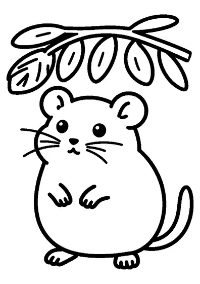 A small hazel dormouse standing under a simple hazel branch.
