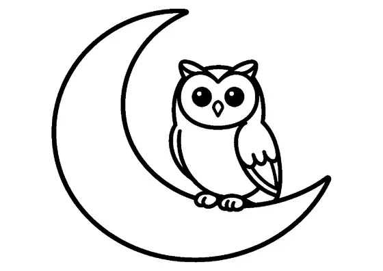 A long-eared owl sitting on a branch beneath a simple crescent moon.