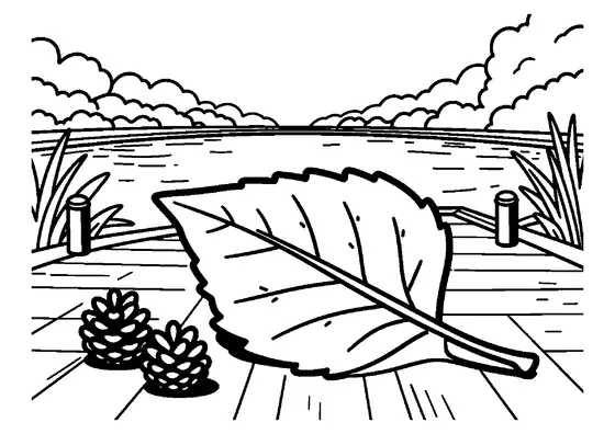 Une grande feuille de bouleau et une pomme de pin reposent sur les planches d’un ponton au bord d’un étang calme.