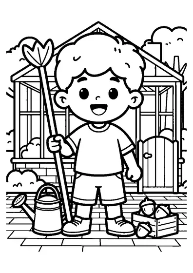 Un niño con un rastrillo junto a un invernadero rodeado de árboles otoñales.