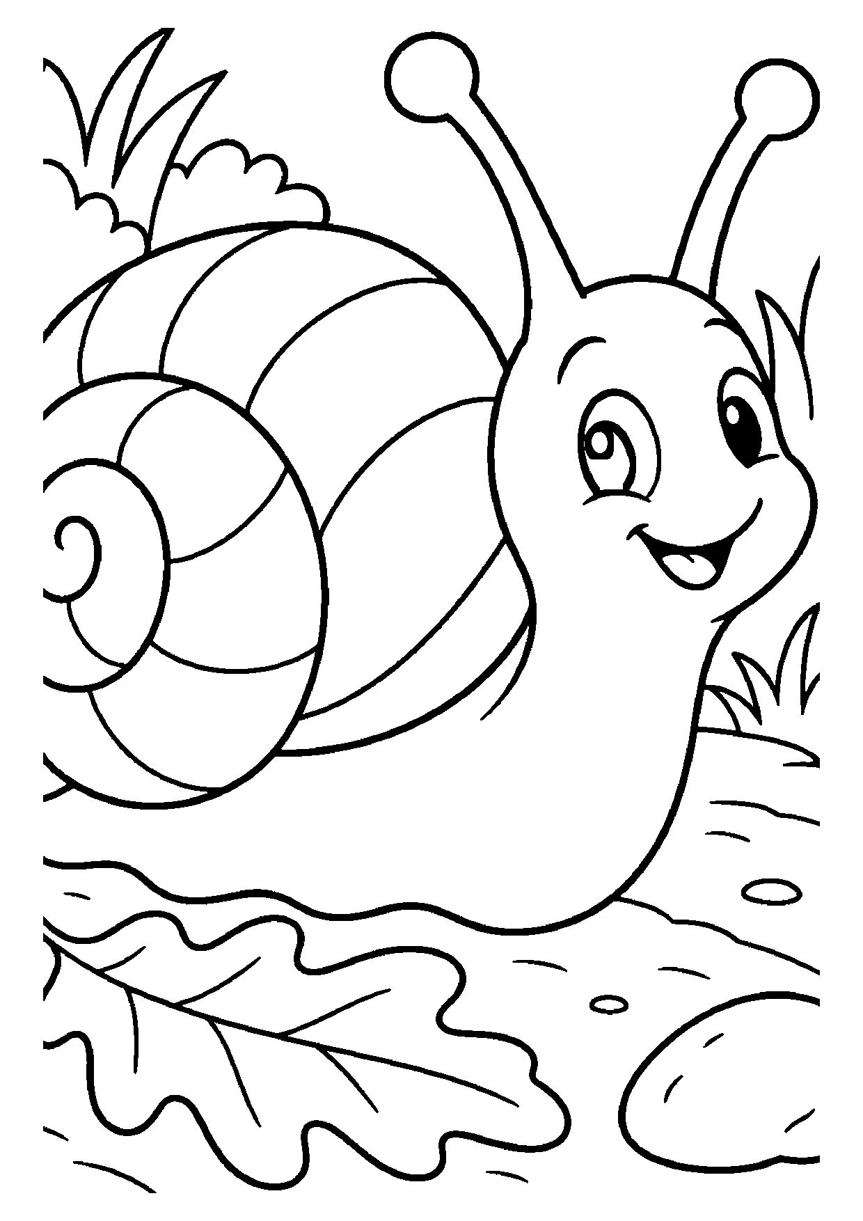 A smiling snail with a striped spiral shell crawls along a garden path past an oak leaf and a flat pebble.