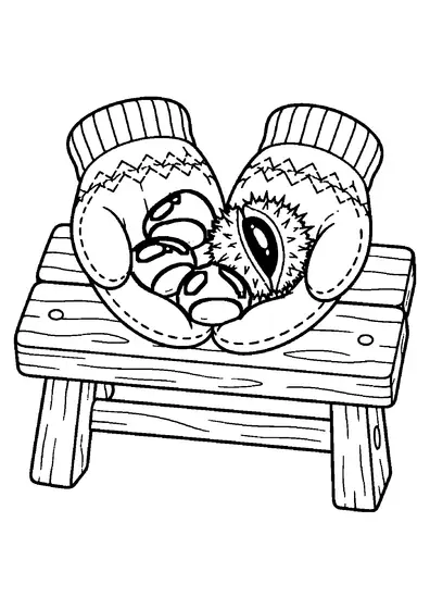 Two knitted mittens holding three chestnuts and an open spiky husk on the seat of a simple wooden bench.