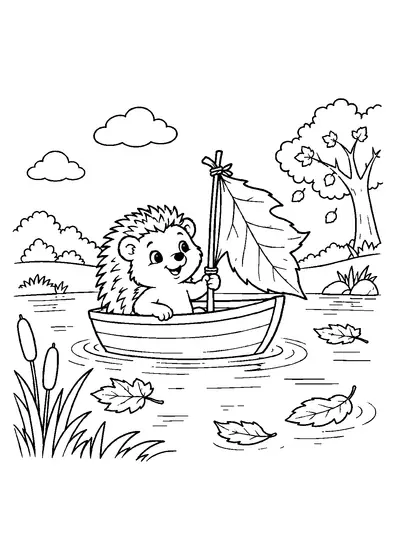 A cheerful hedgehog in a small wooden boat with one large autumn leaf tied to the mast as a sail on a calm pond.