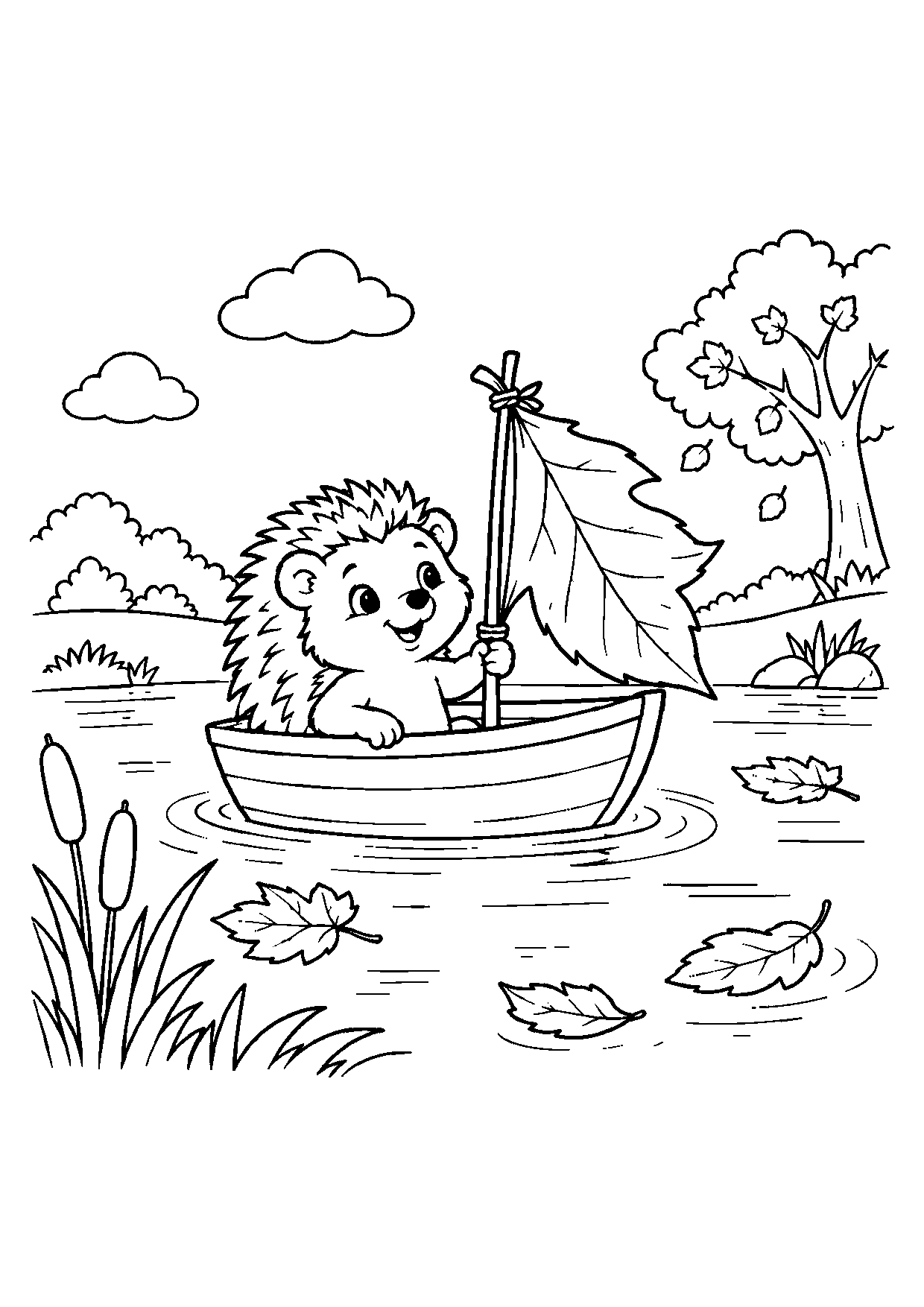 A cheerful hedgehog in a small wooden boat with one large autumn leaf tied to the mast as a sail on a calm pond.