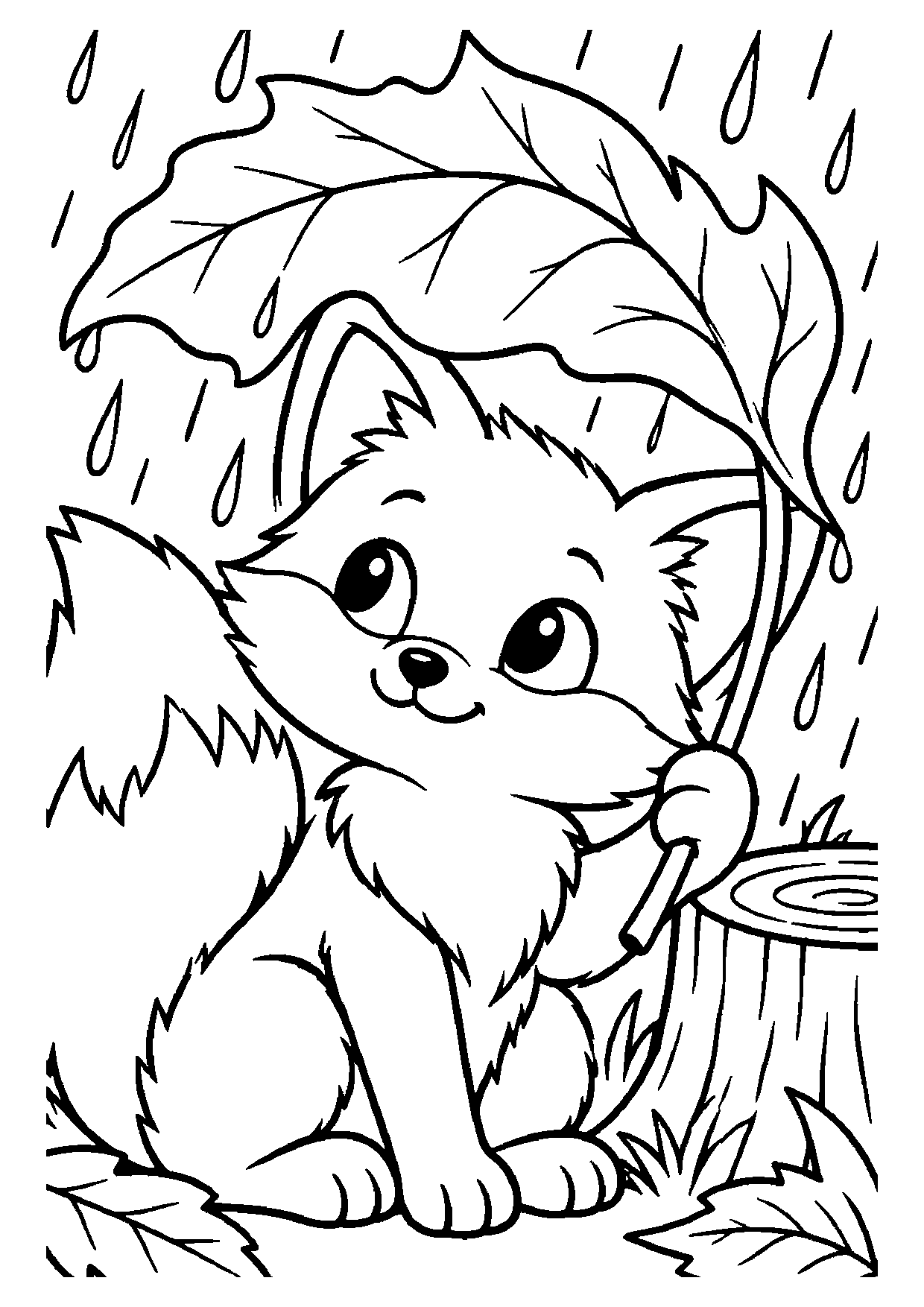 Fluffy fox cub holding a giant autumn leaf over its head like an umbrella in the rain beside a tree stump and fallen leaves