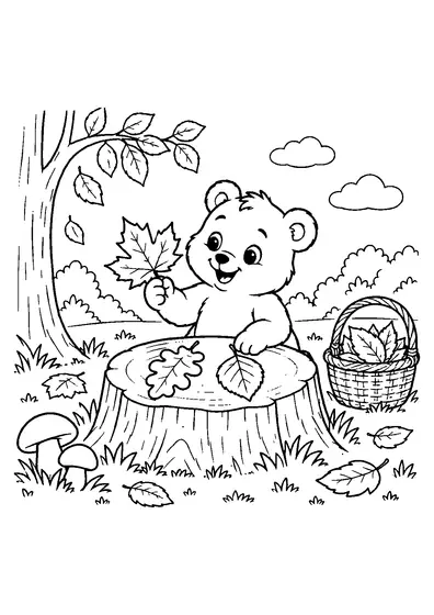 A cheerful bear cub holding a large maple leaf behind a low stump, with two more leaves and a woven basket nearby.