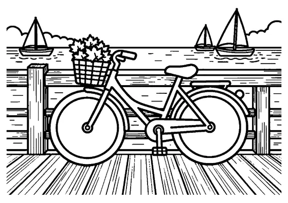 O bicicletă cu un coș din față plin cu frunze de toamnă, aflată pe un ponton de lângă râu.