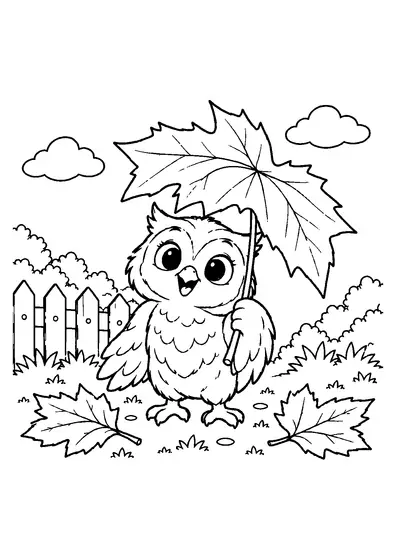 Cheerful young owl holding a giant maple leaf overhead like an umbrella, with two fallen leaves in front.