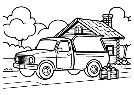 Una camioneta todoterreno aparcada junto a una cabaña de troncos en el bosque.