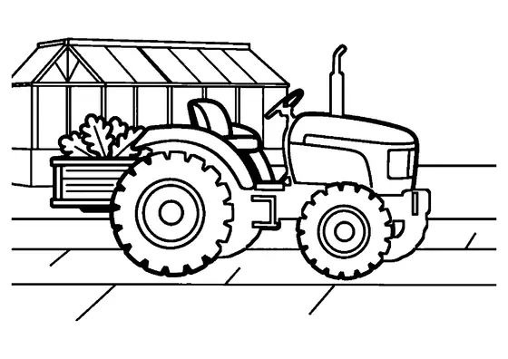 Un pequeño tractor de jardín con un remolque lleno de hojas de roble estacionado junto a un invernadero.
