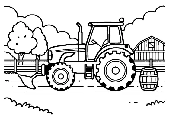Un tractor agrícola con un arado en un camino rural rodeado de arces.