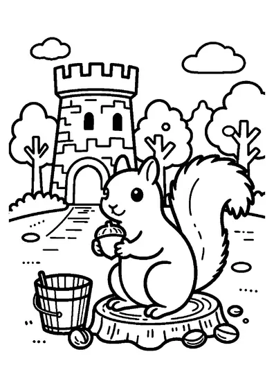 Una ardilla en un tocón sosteniendo una bellota frente a una torre de piedra.