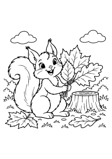 Cheerful squirrel by a stump holding three large autumn leaves like a fan, with two fallen leaves nearby.
