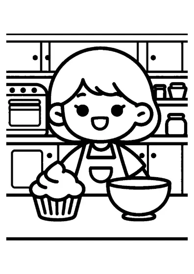Eine Konditoreischülerin sitzt mit einem großen Cupcake und einer Schüssel am Tisch in der Lehrbackstube.