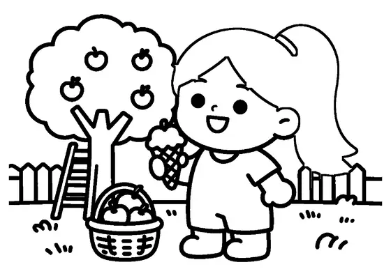 O fată ține un cornet cu înghețată printre pomii unei livezi liniștite de meri, într-o planșă de colorat.