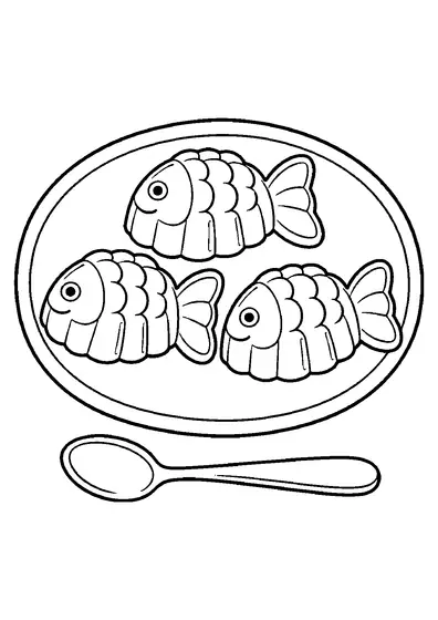 Three fish-shaped jelly desserts on an oval plate with scalloped sections, broad tails, round eyes, and one spoon.