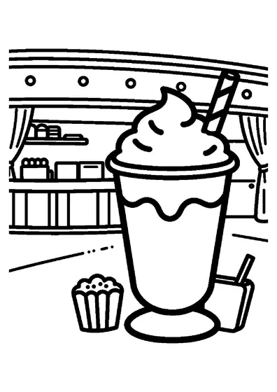 Un milkshake înalt într-un pahar opac stă pe pultul cu gustări dintr-un cinematograf.