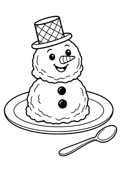 Two ice cream scoops stacked as a snowman on a plate with a tall wafer hat, chocolate buttons, and a spoon.