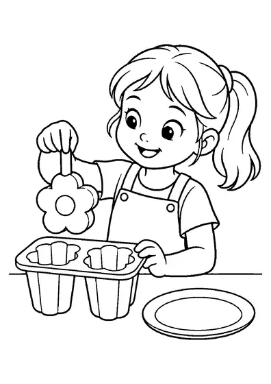 Smiling child lifting a flower-shaped ice pop from its mold beside an empty cavity and a small plate.