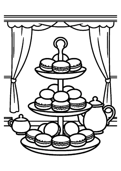 O etajeră cu două niveluri, plină cu macarons colorați, așezată pe o față de masă decorativă.