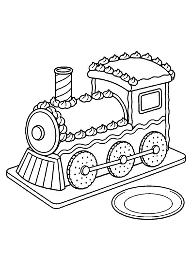 Steam locomotive-shaped cake on a serving board with round biscuit wheels, a striped wafer chimney, and piped frosting.