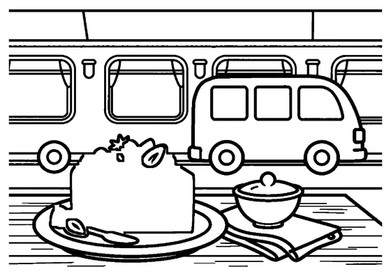 Un tort de ciocolată decorat cu căpșuni proaspete, într-un vagon-restaurant al unui tren de epocă.