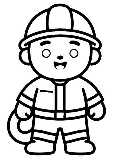 Un pequeño bombero con un casco sencillo sostiene una gran manguera enrollada.