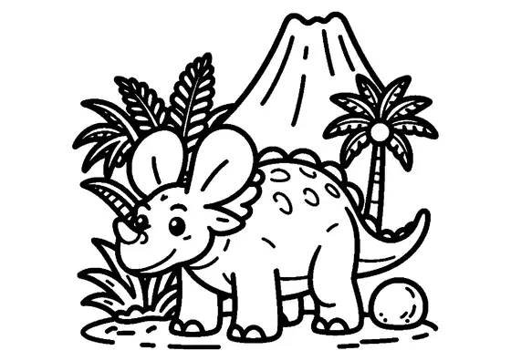 Pagina da colorare con un Ankylosaurus dal dorso corazzato davanti a un vulcano fumante.