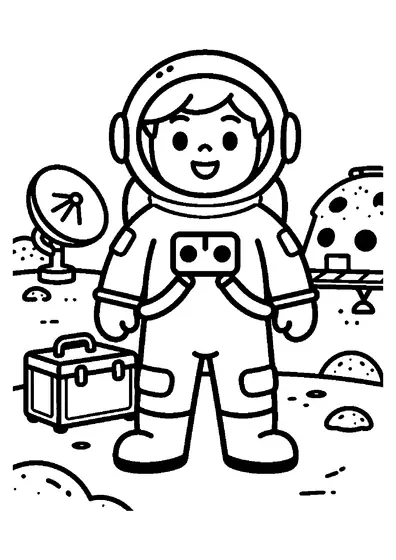 Ein Astronaut steht an einer Mondbasis neben einer Ausrüstungskiste und einer Antenne.
