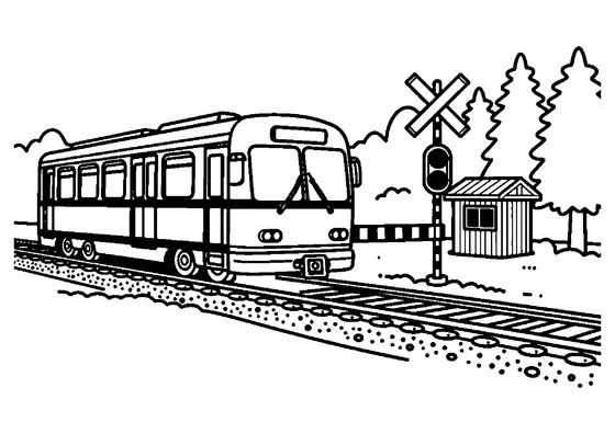 Automotor en un paso a nivel del bosque, con barrera, señal ferroviaria, caseta de control, vías y pinos altos.