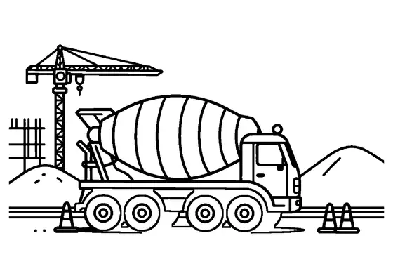 Ein großer Betonmischer mit Schubkarre und Leitkegeln vor einem Kran, einem Gerüst und einem Sandhaufen.
