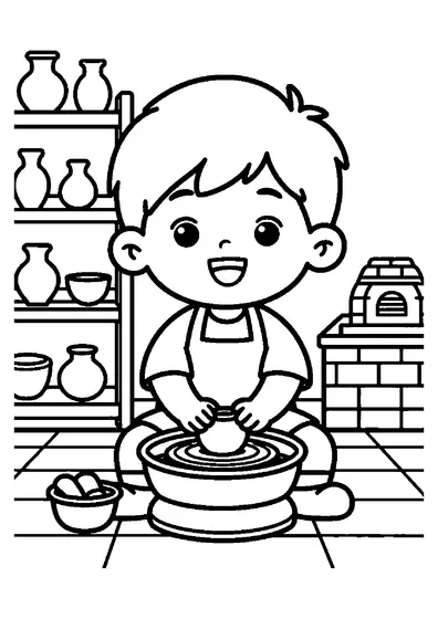 Un niño alfarero dando forma a una jarra de barro sobre un torno de cerámica.