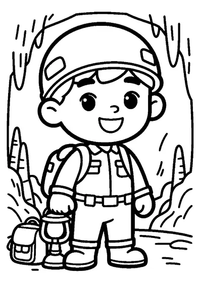 Un joven explorador con casco recorre una cueva subterránea con estalactitas, estalagmitas, un farol, una mochila y un pasadizo.