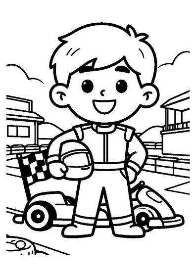 Un joven piloto de karting sonriente de pie junto a su vehículo en la pista del circuito.