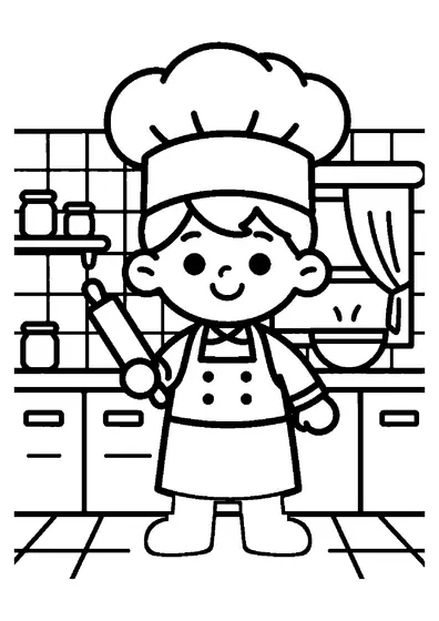 Un joven cocinero con gorro de chef estira la masa en la mesa de la cocina.