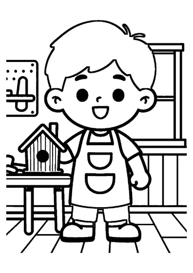 Un joven carpintero montando una casita de madera para pájaros en un taller