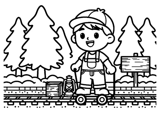 Un bambino viaggia su un carrello ferroviario azionato a mano lungo una linea nel bosco durante una giornata di sole.