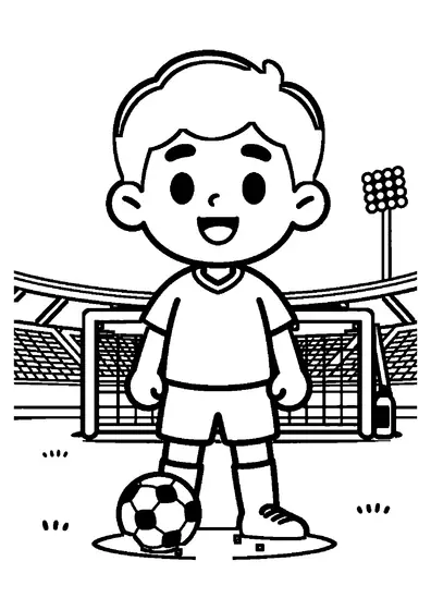 Un joven futbolista con equipación deportiva está de pie en un campo de césped junto a la portería.