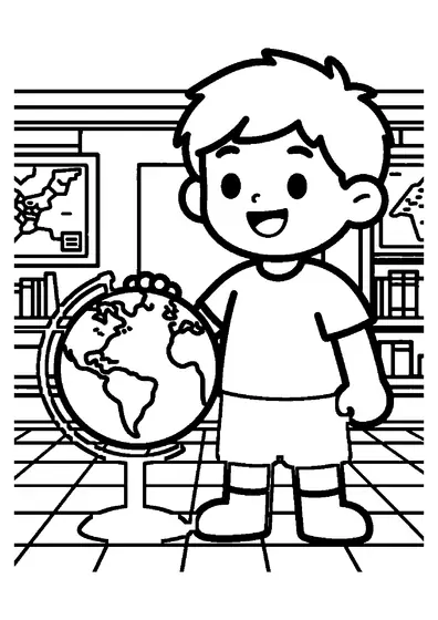 Un niño de pie junto a un gran globo terráqueo y una estantería de libros en la sala de un museo.