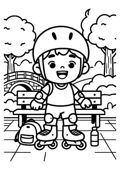 Un niño patina en línea sonriente por los caminos de un parque urbano soleado.