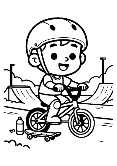 Un niño sonriente rueda con su bicicleta BMX en un circuito de obstáculos del parque.