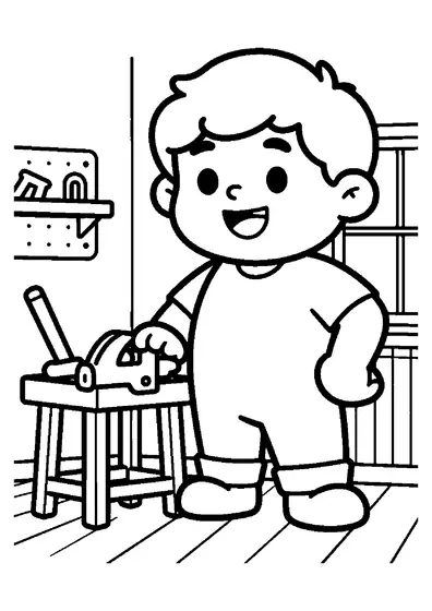 Una lámina para colorear que muestra a un joven carpintero trabajando en un banco de taller lleno de herramientas.