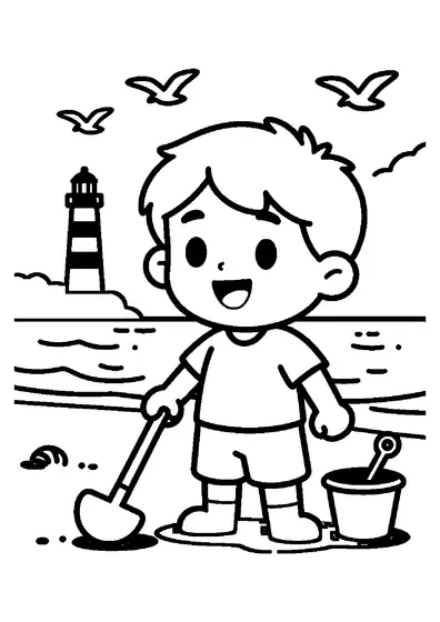 Un bambino usa un metal detector per cercare un tesoro su una spiaggia sabbiosa vicino al mare.