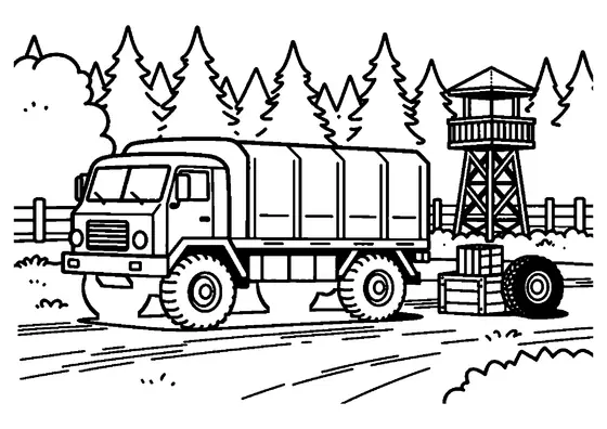 Ein Militärlastwagen mit Plane steht auf einem Weg zwischen Bäumen.