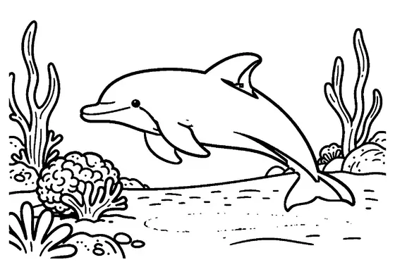 Ein fröhlicher Delfin schwimmt unter Wasser dicht über den Korallen.