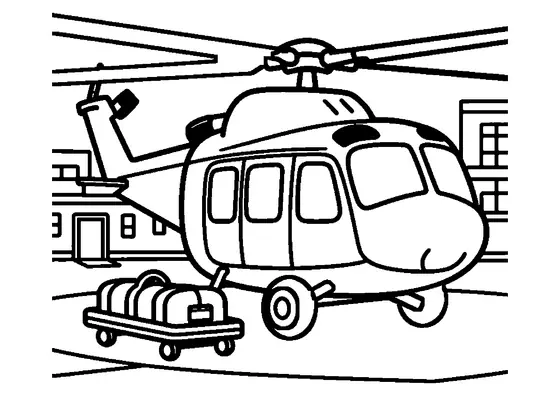 Ein Rettungshubschrauber steht auf dem Landeplatz eines Krankenhauses neben einer Trage und einer medizinischen Tasche.