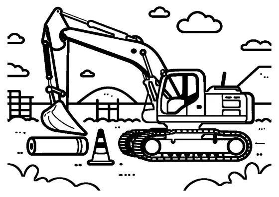 Ein großer Bagger mit Schaufel arbeitet auf einer Baustelle neben einem Sandhaufen und einem Gerüst.