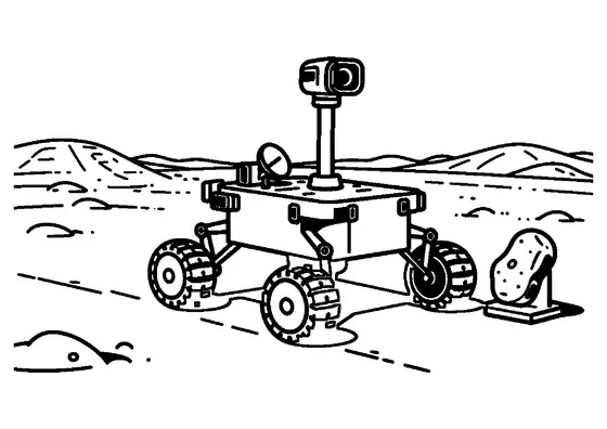 Ein Rover erforscht neben einer Antenne und einer Gesteinsprobe die felsige Oberfläche des Mars.